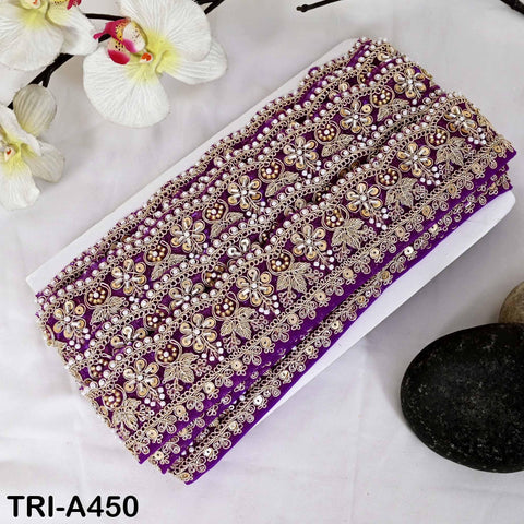 Purple Indian Beaded Trim Ribbon – Gold Zari Embroidery Sari Border (5cm)