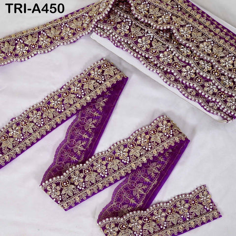Purple Indian Beaded Trim Ribbon – Gold Zari Embroidery Sari Border (5cm)