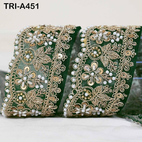 Bottle Green Indian Beaded Trim Ribbon – Gold Zari Embroidery Sari Border (5cm)