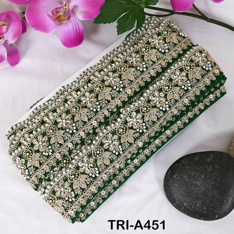 Bottle Green Indian Beaded Trim Ribbon – Gold Zari Embroidery Sari Border (5cm)