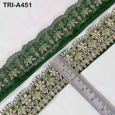 Bottle Green Indian Beaded Trim Ribbon – Gold Zari Embroidery Sari Border (5cm)