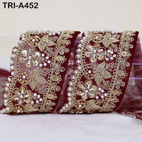 Maroon Indian Beaded Trim Ribbon – Gold Zari Embroidery Sari Border (5cm)