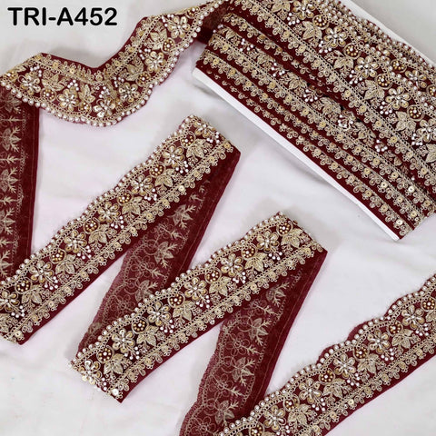 Maroon Indian Beaded Trim Ribbon – Gold Zari Embroidery Sari Border (5cm)