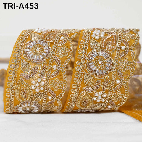 Yellow Indian Beaded Trim Ribbon – Gold Zari Embroidery Sari Border (5cm)