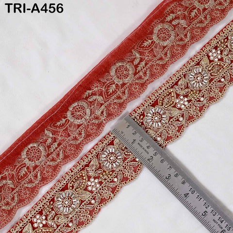 Red Indian Beaded Trim Ribbon – Gold Zari Embroidery Sari Border (5cm)
