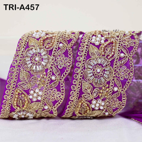 Beaded Sari Border Trim: Gold Zari Embroidery on Purple Net Fabric (5cm Wide)