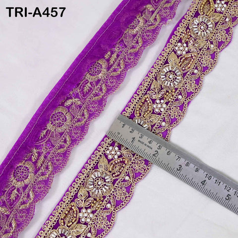 Beaded Sari Border Trim: Gold Zari Embroidery on Purple Net Fabric (5cm Wide)
