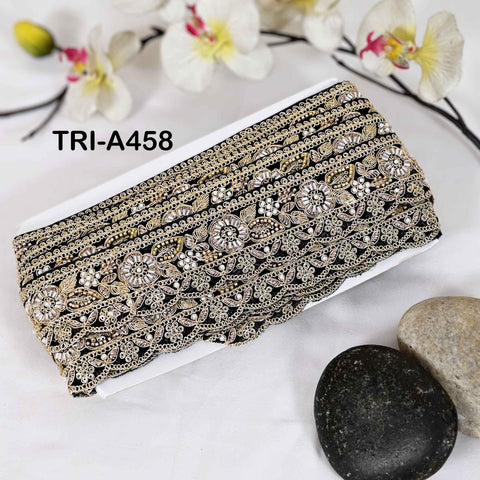 1 Meter Embroidered Beaded Trim: Black Net Fabric, Gold Zari, 5cm Wide