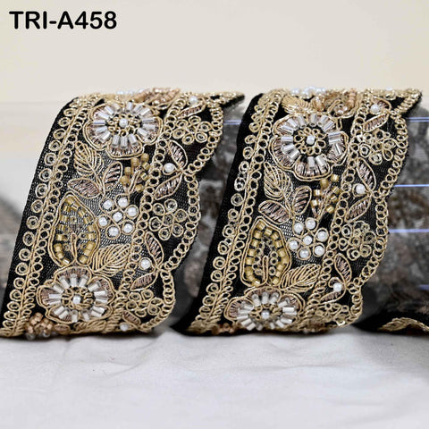 1 Meter Embroidered Beaded Trim: Black Net Fabric, Gold Zari, 5cm Wide