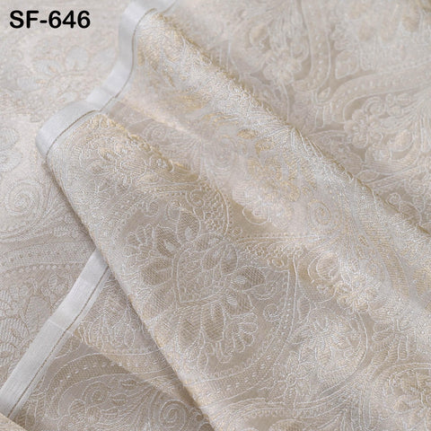 Pure Silk Tissue Jacquard Crepe Fabric Damask Gold Border, White Sheen (44" Width)