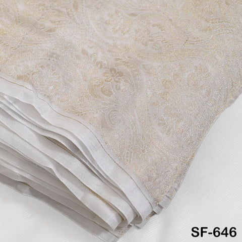 Pure Silk Tissue Jacquard Crepe Fabric Damask Gold Border, White Sheen (44" Width)