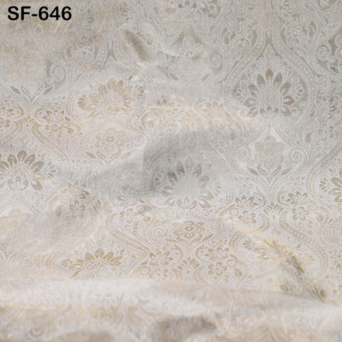 Pure Silk Tissue Jacquard Crepe Fabric Damask Gold Border, White Sheen (44" Width)