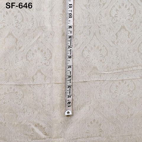 Pure Silk Tissue Jacquard Crepe Fabric Damask Gold Border, White Sheen (44" Width)