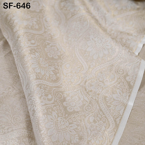 Pure Silk Tissue Jacquard Crepe Fabric Damask Gold Border, White Sheen (44" Width)