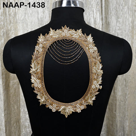 Hand Embroidered Zardozi Neck Patch for Blouse | Antique Gold Oval Neckline Applique with Pearls & Bead Chains | Ethnic Craft Supply