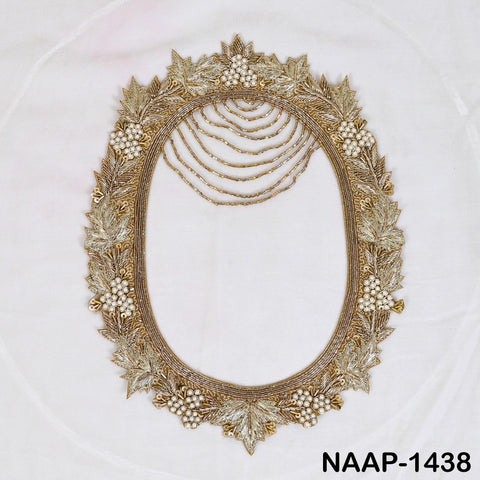 Hand Embroidered Zardozi Neck Patch for Blouse | Antique Gold Oval Neckline Applique with Pearls & Bead Chains | Ethnic Craft Supply