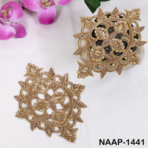 Pair of Gold Metallic Zari & Sequins Appliques on Cotton | Handcrafted Floral Medallion Motif Patches for Garment Sewing and Design