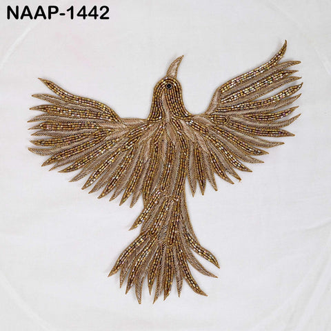 Embroidered Flying Bird Appliqués big size : Golden Zari Thread, Beaded Indian Patches