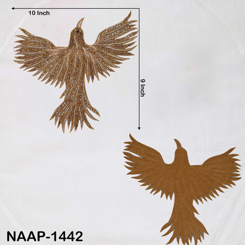 Embroidered Flying Bird Appliqués big size : Golden Zari Thread, Beaded Indian Patches