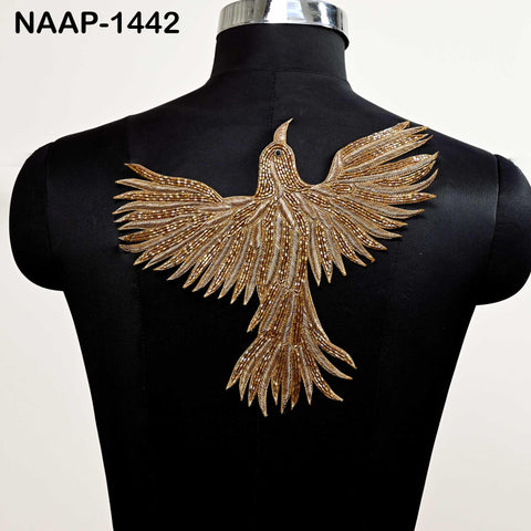 Embroidered Flying Bird Appliqués big size : Golden Zari Thread, Beaded Indian Patches