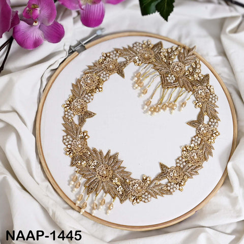 Antique Gold Zardozi Neckline Applique, Hand Beaded Neck Patch with Pearl Fringe for Couture Dresses, Lehenga Blouse & DIY Crafts