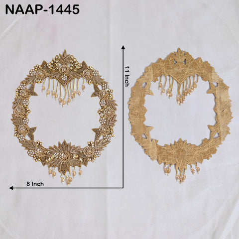 Antique Gold Zardozi Neckline Applique, Hand Beaded Neck Patch with Pearl Fringe for Couture Dresses, Lehenga Blouse & DIY Crafts