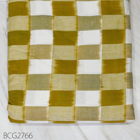a fabric with a yellow and white checkered pattern, laid out on a white surface.