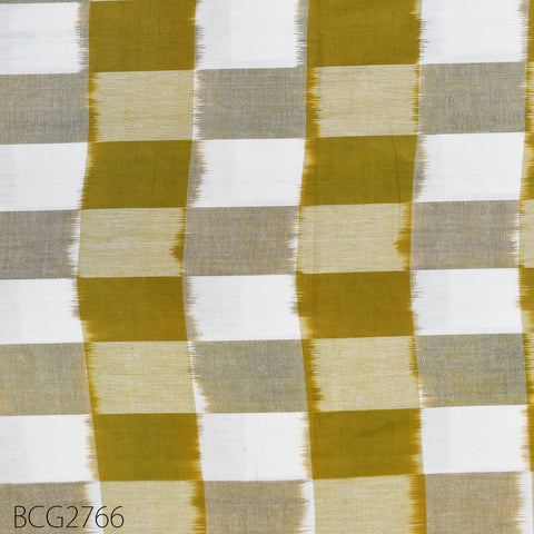 a close-up view of a fabric with a repeating pattern of yellow and white squares. The pattern is composed of diagonal lines, creating a checkered effect. The fabric appears to be made of a material with a textured surface, adding depth and visual interest to the design.