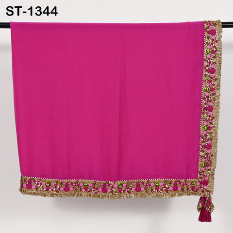 Magenta Chiffon Dupatta, Gold Sequins, Embroidered Border Bridal Wedding Stole Veil Chunni