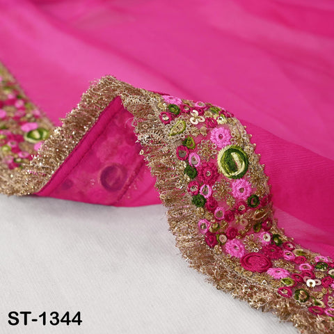 Magenta Chiffon Dupatta, Gold Sequins, Embroidered Border Bridal Wedding Stole Veil Chunni