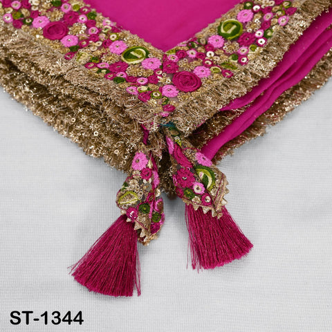Magenta Chiffon Dupatta, Gold Sequins, Embroidered Border Bridal Wedding Stole Veil Chunni