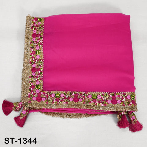 Magenta Chiffon Dupatta, Gold Sequins, Embroidered Border Bridal Wedding Stole Veil Chunni