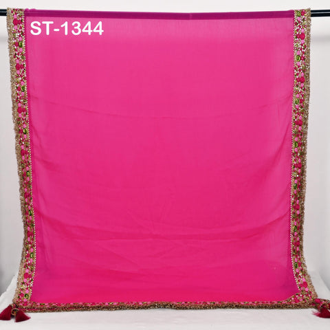 Magenta Chiffon Dupatta, Gold Sequins, Embroidered Border Bridal Wedding Stole Veil Chunni