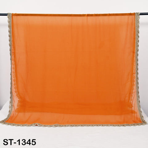 Orange Chiffon Dupatta, Gold Hand Crochet Border, Bridal Wedding Stole