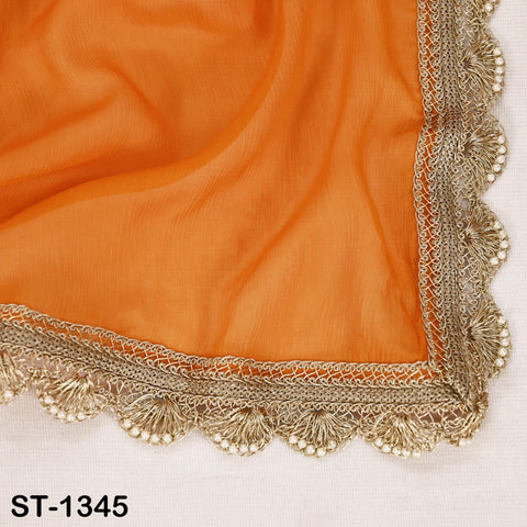 Orange Chiffon Dupatta, Gold Hand Crochet Border, Bridal Wedding Stole
