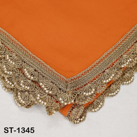 Orange Chiffon Dupatta, Gold Hand Crochet Border, Bridal Wedding Stole