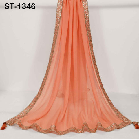 Peach Chiffon Dupatta, Gold Sequins, Embroidered Border Bridal Wedding Stole Veil Chunni