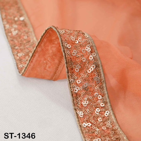 Peach Chiffon Dupatta, Gold Sequins, Embroidered Border Bridal Wedding Stole Veil Chunni