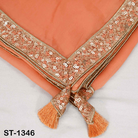 Peach Chiffon Dupatta, Gold Sequins, Embroidered Border Bridal Wedding Stole Veil Chunni