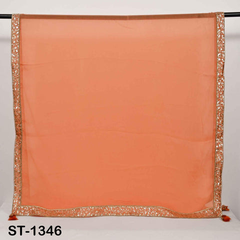 Peach Chiffon Dupatta, Gold Sequins, Embroidered Border Bridal Wedding Stole Veil Chunni