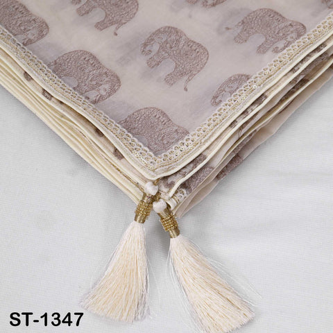 Beige Chanderi Embroidered Elephant Dupatta, Brown Sequins, Bridal Wedding Chunni Veil