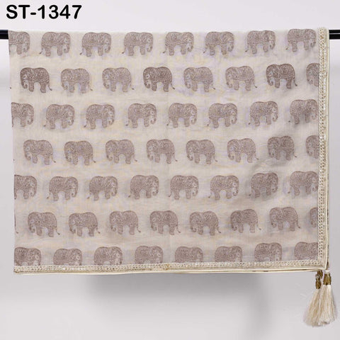 Beige Chanderi Embroidered Elephant Dupatta, Brown Sequins, Bridal Wedding Chunni Veil