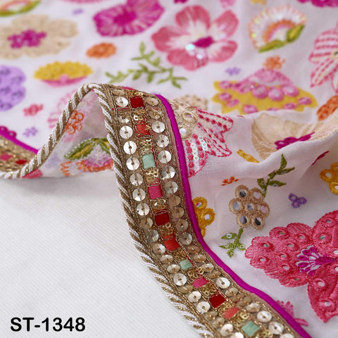 Floral Embroidery Georgette Dupatta with Gold Sequins, Bridal Wedding Stole, 2.5 Yards
