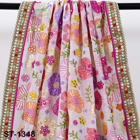 Floral Embroidery Georgette Dupatta with Gold Sequins, Bridal Wedding Stole, 2.5 Yards