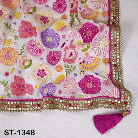 Floral Embroidery Georgette Dupatta with Gold Sequins, Bridal Wedding Stole, 2.5 Yards