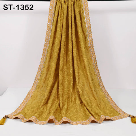 Mustard Yellow Embroidery Dupatta with Gold Sequins, Bridal Wedding Stole, 2.5 Yards