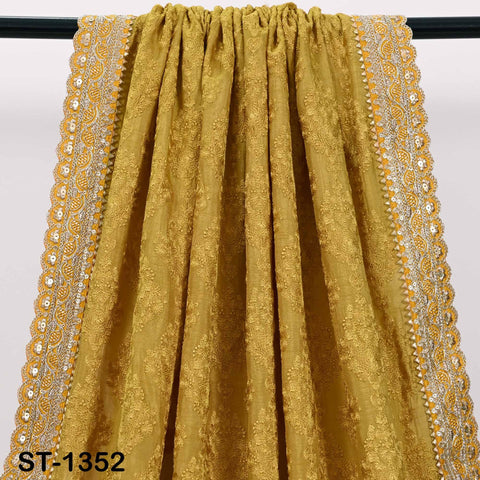 Mustard Yellow Embroidery Dupatta with Gold Sequins, Bridal Wedding Stole, 2.5 Yards
