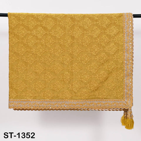 Mustard Yellow Embroidery Dupatta with Gold Sequins, Bridal Wedding Stole, 2.5 Yards
