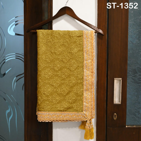 Mustard Yellow Embroidery Dupatta with Gold Sequins, Bridal Wedding Stole, 2.5 Yards