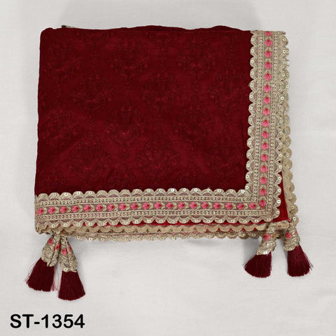 Deep Red Embroidery Dupatta with Gold Sequins, Bridal Wedding Stole, 2.5 Yards